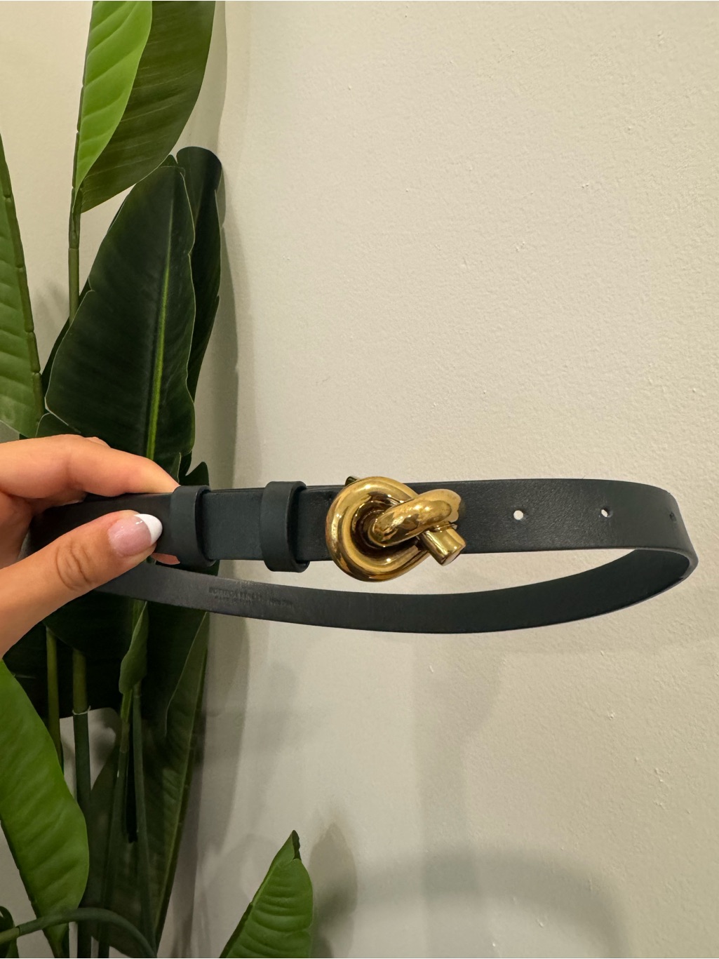 Bottega Veneta Dark Green Leather Belt With Gold Knot Buckle